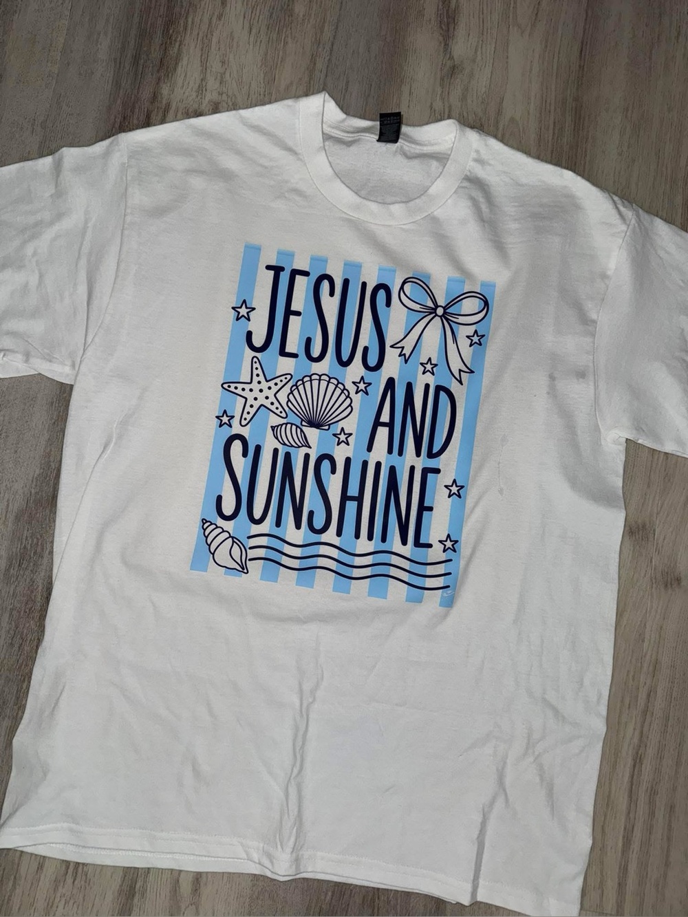 'Jesus and Sunshine' White Graphic Tee - Blue Print
